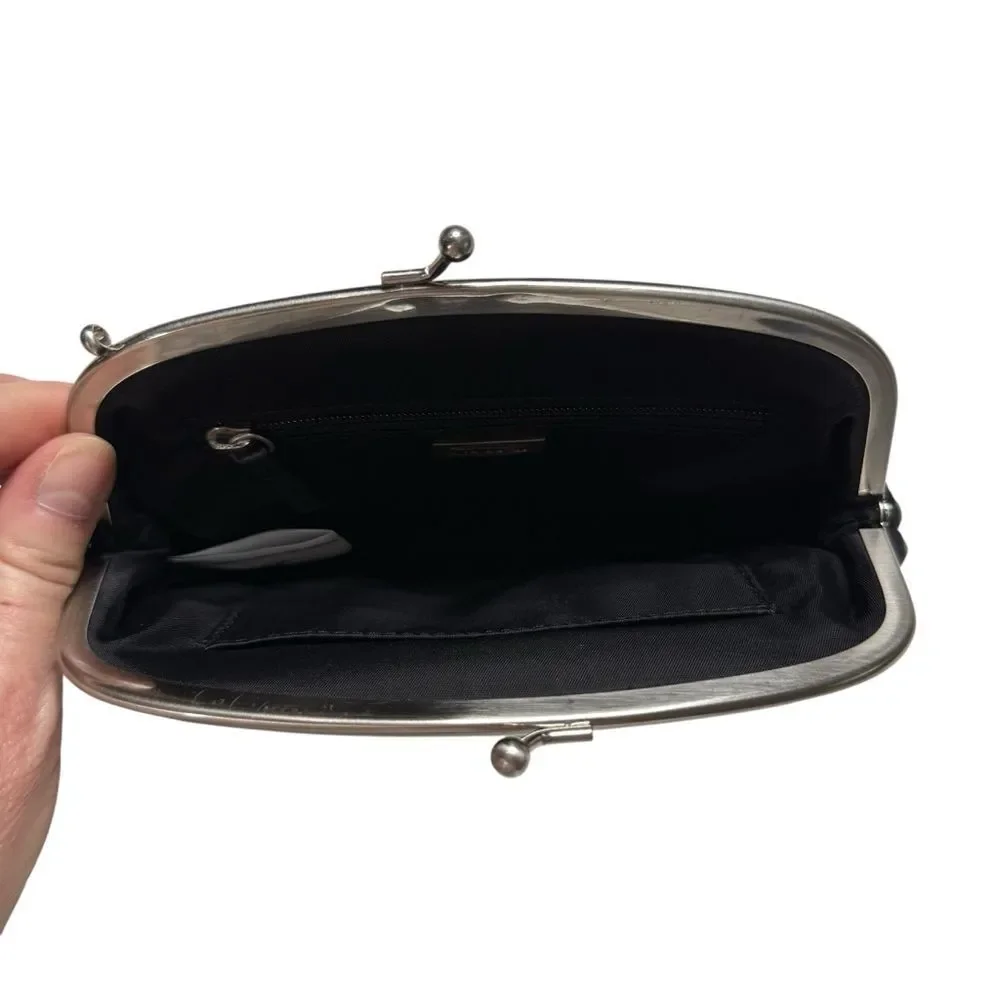 Talbots Leather & Fabric Kiss Lock Mini Clutch Black Green Piping